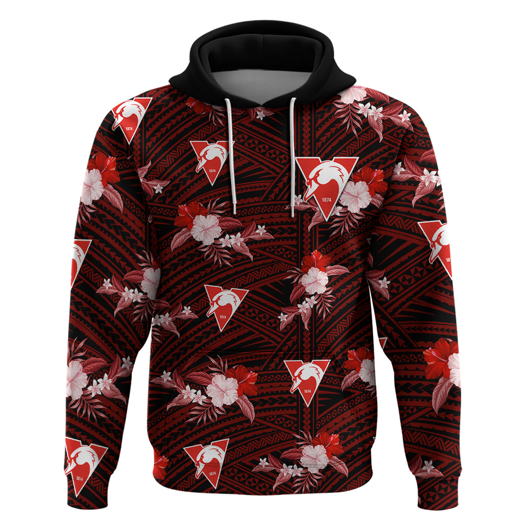 (Custom Text And Number) Sydney Swans Football Hoodie Polynesian Tribal Mix Tropical Hawaiian Style - Vibe Hoodie Shop