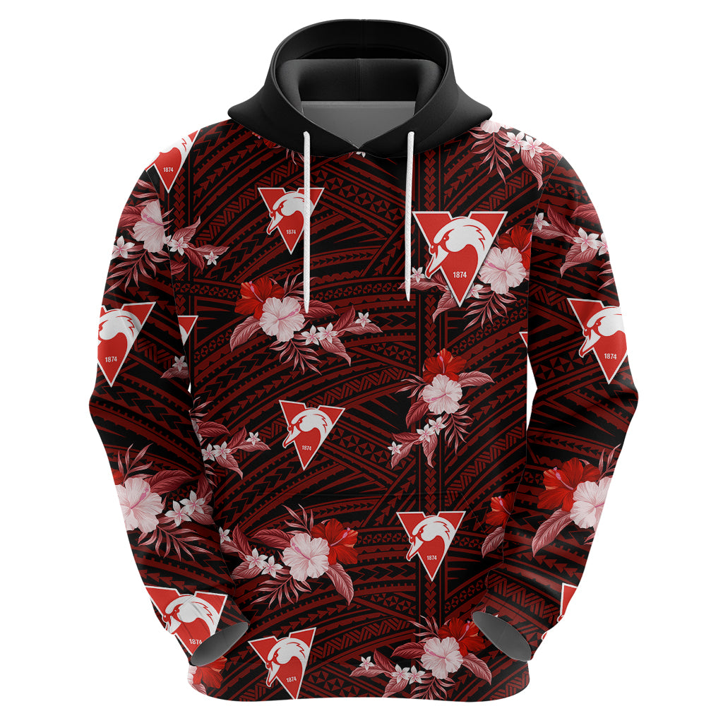 (Custom Text And Number) Sydney Swans Football Hoodie Polynesian Tribal Mix Tropical Hawaiian Style - Vibe Hoodie Shop