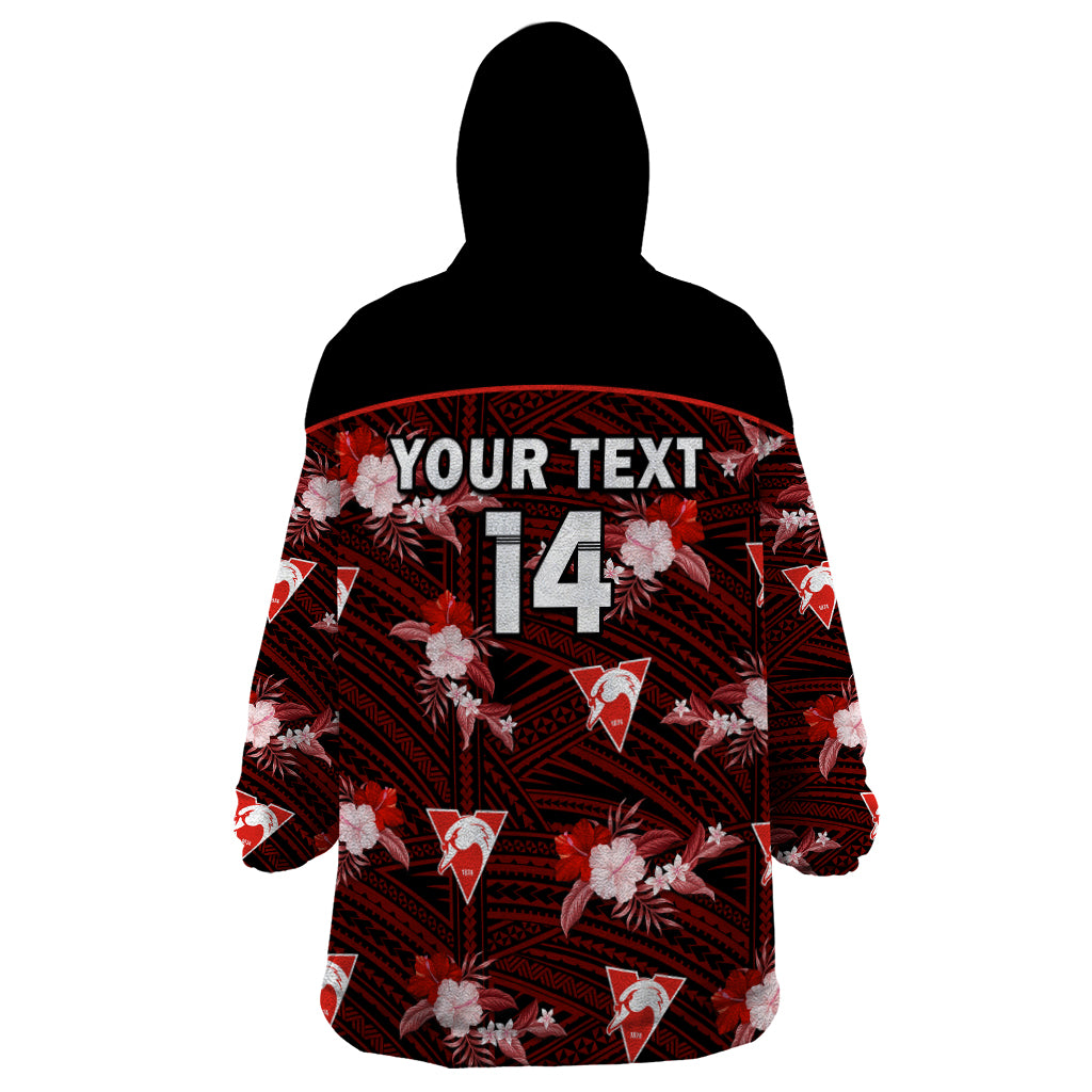 (Custom Text And Number) Sydney Swans Football Wearable Blanket Hoodie Polynesian Tribal Mix Tropical Hawaiian Style - Vibe Hoodie Shop