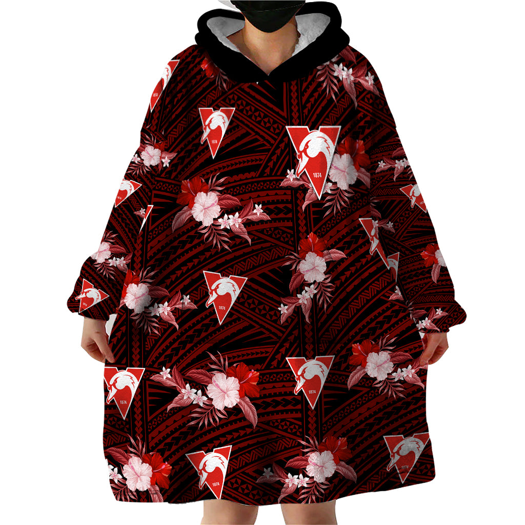 (Custom Text And Number) Sydney Swans Football Wearable Blanket Hoodie Polynesian Tribal Mix Tropical Hawaiian Style - Vibe Hoodie Shop