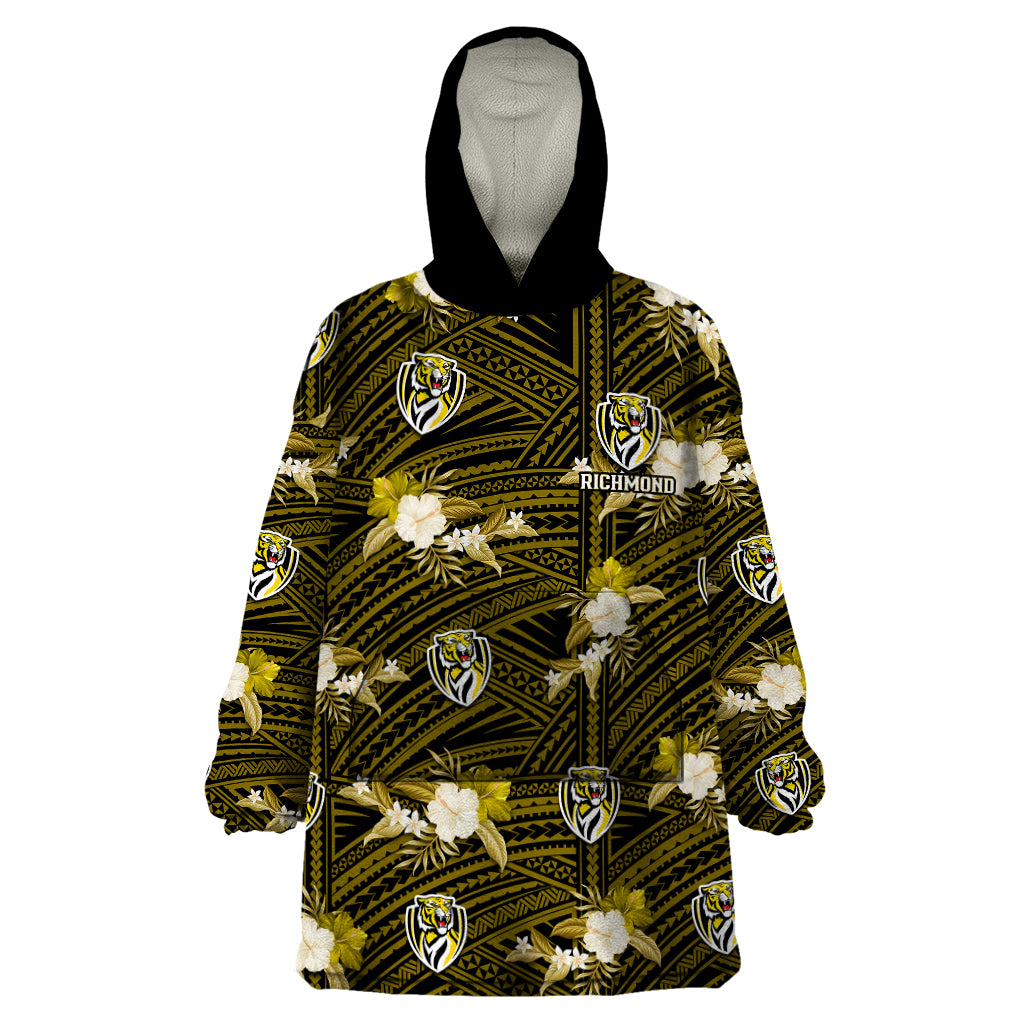 (Custom Text And Number) Richmond Football Wearable Blanket Hoodie Polynesian Tribal Mix Tropical Hawaiian Style - Vibe Hoodie Shop