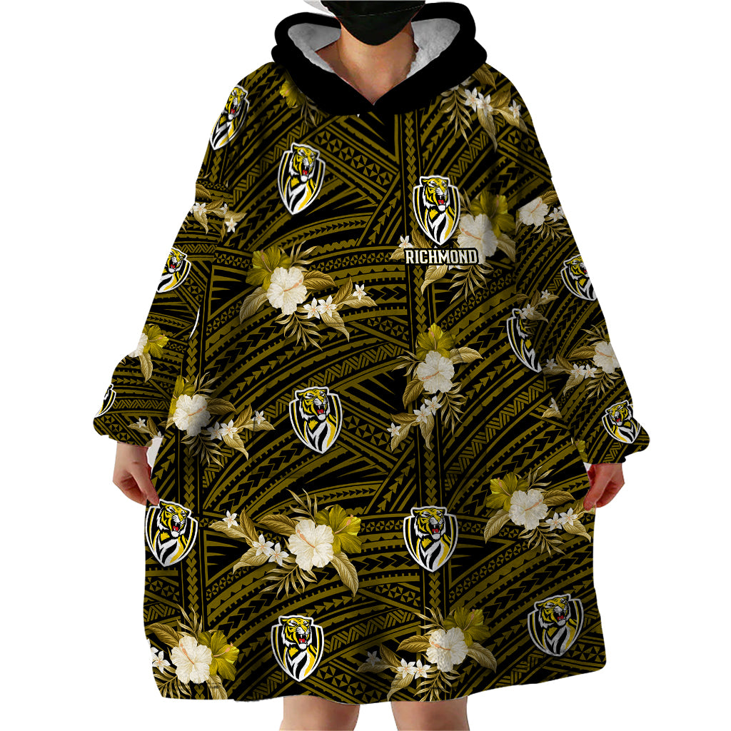 (Custom Text And Number) Richmond Football Wearable Blanket Hoodie Polynesian Tribal Mix Tropical Hawaiian Style - Vibe Hoodie Shop