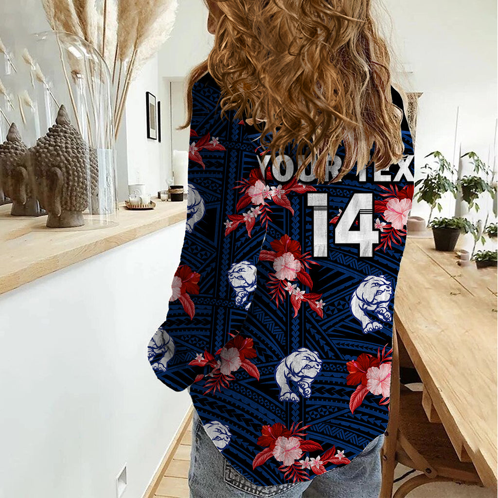 (Custom Text And Number) Western Bulldogs Football Women Casual Shirt Polynesian Tribal Mix Tropical Hawaiian Style - Vibe Hoodie Shop