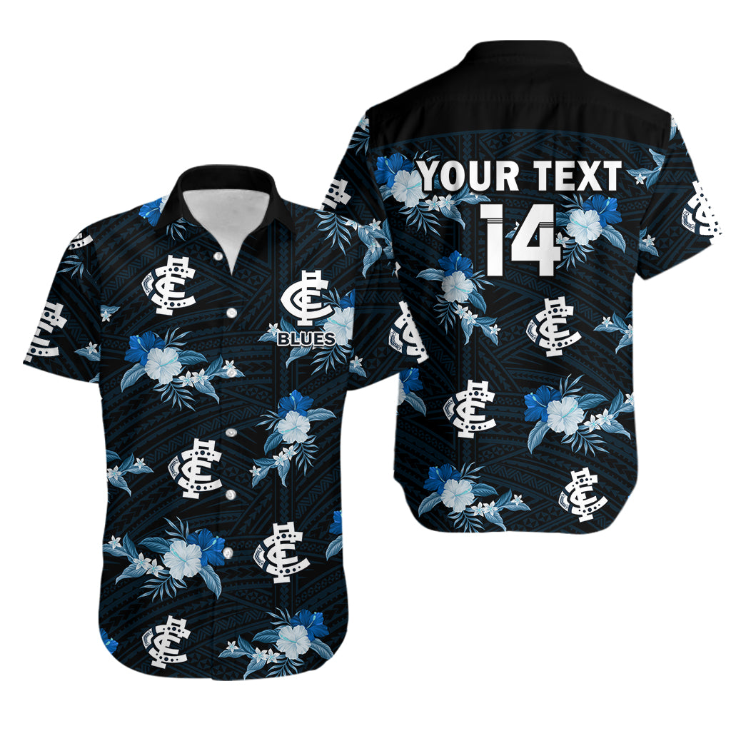 (Custom Text And Number) Carlton Football Hawaiian Shirt Blues Polynesian Tribal Mix Tropical Hawaiian Style - Vibe Hoodie Shop