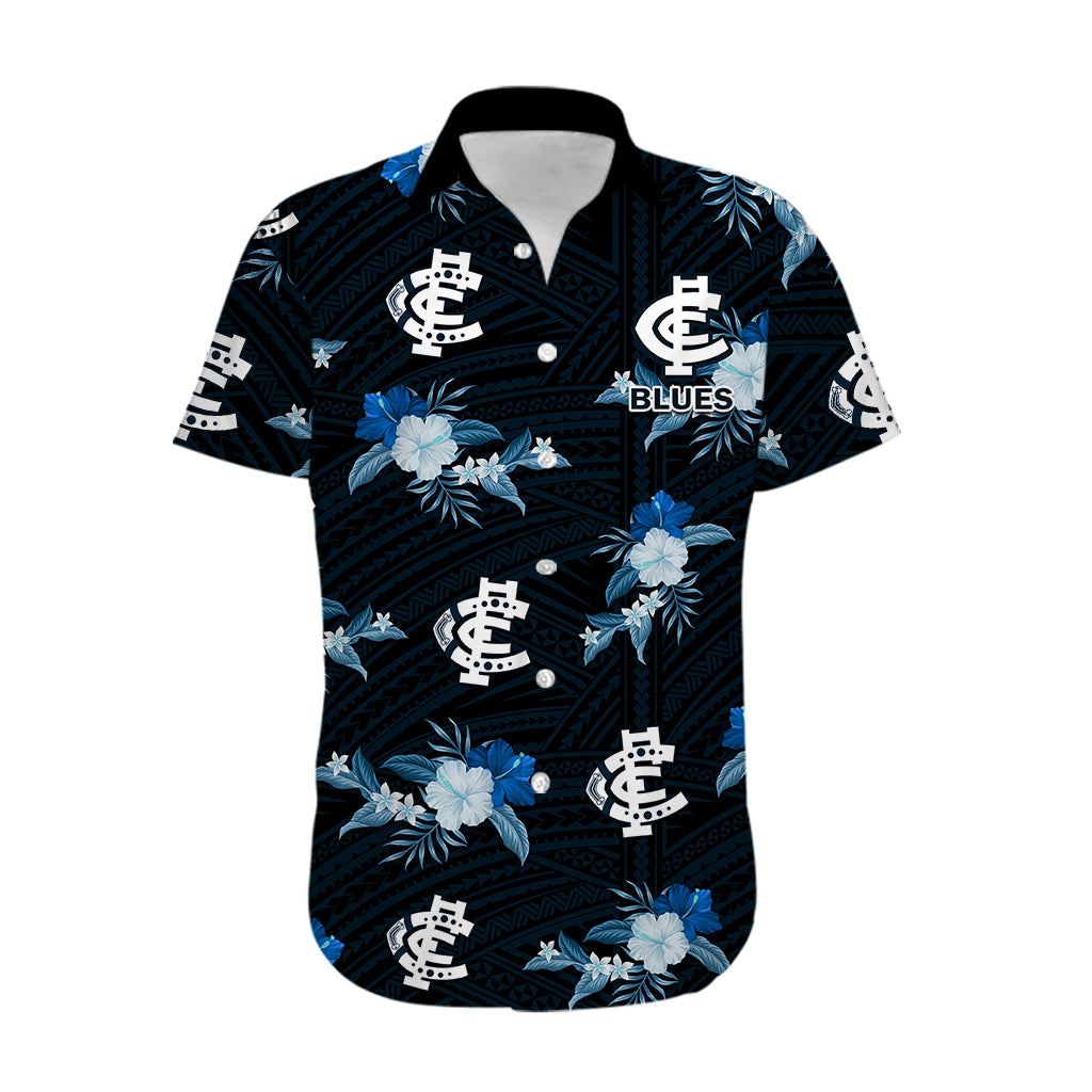 (Custom Text And Number) Carlton Football Hawaiian Shirt Blues Polynesian Tribal Mix Tropical Hawaiian Style - Vibe Hoodie Shop