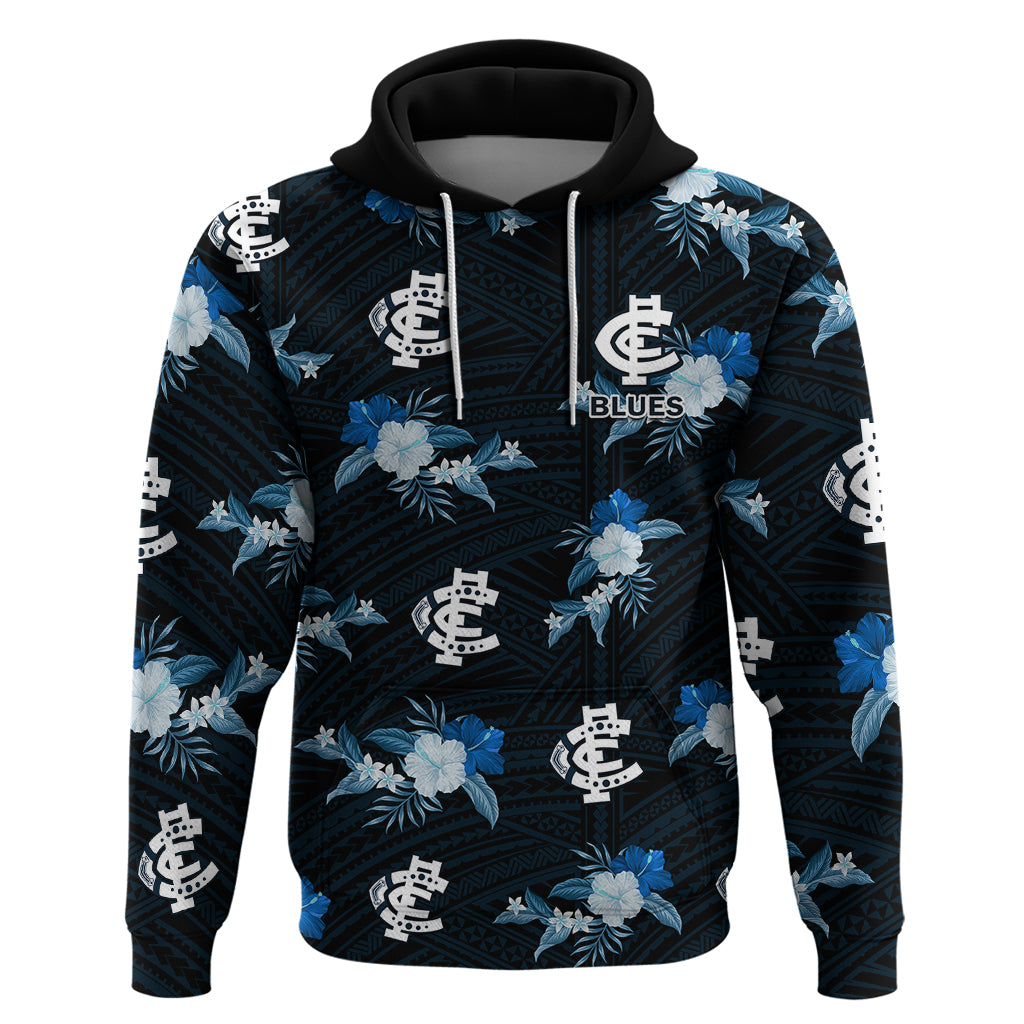(Custom Text And Number) Carlton Football Hoodie Blues Polynesian Tribal Mix Tropical Hawaiian Style - Vibe Hoodie Shop