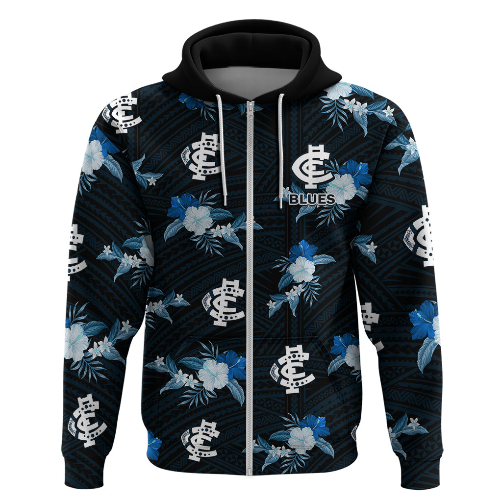 (Custom Text And Number) Carlton Football Hoodie Blues Polynesian Tribal Mix Tropical Hawaiian Style - Vibe Hoodie Shop