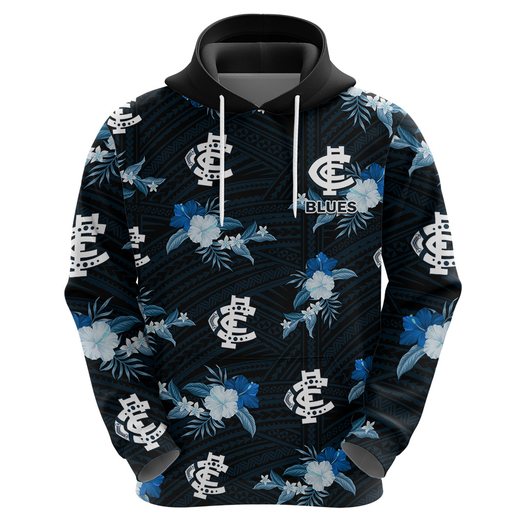 (Custom Text And Number) Carlton Football Hoodie Blues Polynesian Tribal Mix Tropical Hawaiian Style - Vibe Hoodie Shop