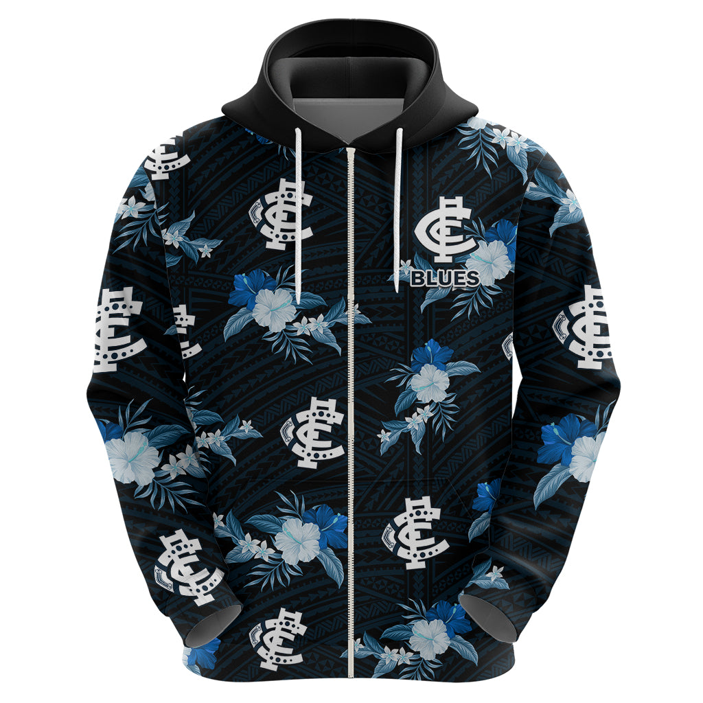 (Custom Text And Number) Carlton Football Hoodie Blues Polynesian Tribal Mix Tropical Hawaiian Style - Vibe Hoodie Shop