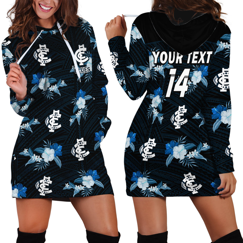 (Custom Text And Number) Carlton Football Hoodie Dress Blues Polynesian Tribal Mix Tropical Hawaiian Style - Vibe Hoodie Shop