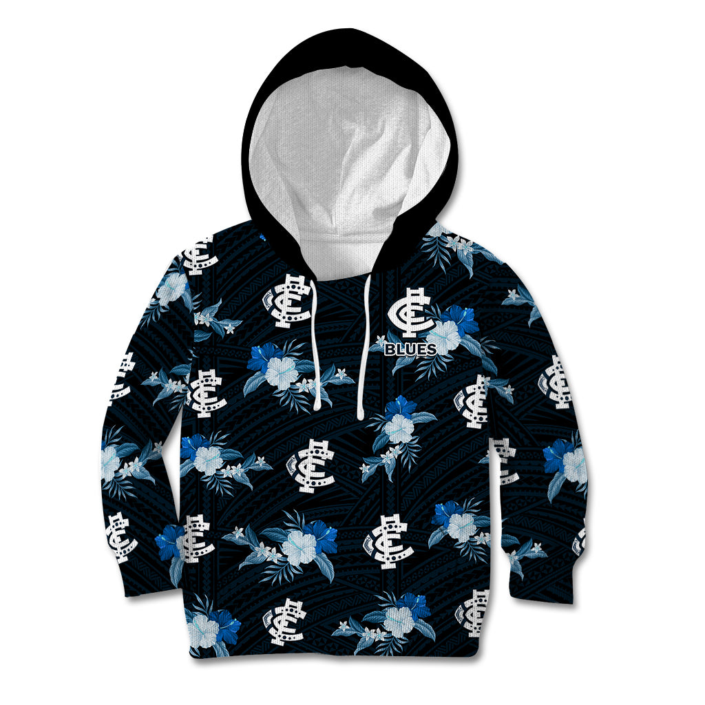 (Custom Text And Number) Carlton Football Kid Hoodie Blues Polynesian Tribal Mix Tropical Hawaiian Style - Vibe Hoodie Shop