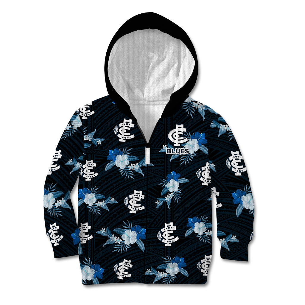 (Custom Text And Number) Carlton Football Kid Hoodie Blues Polynesian Tribal Mix Tropical Hawaiian Style - Vibe Hoodie Shop