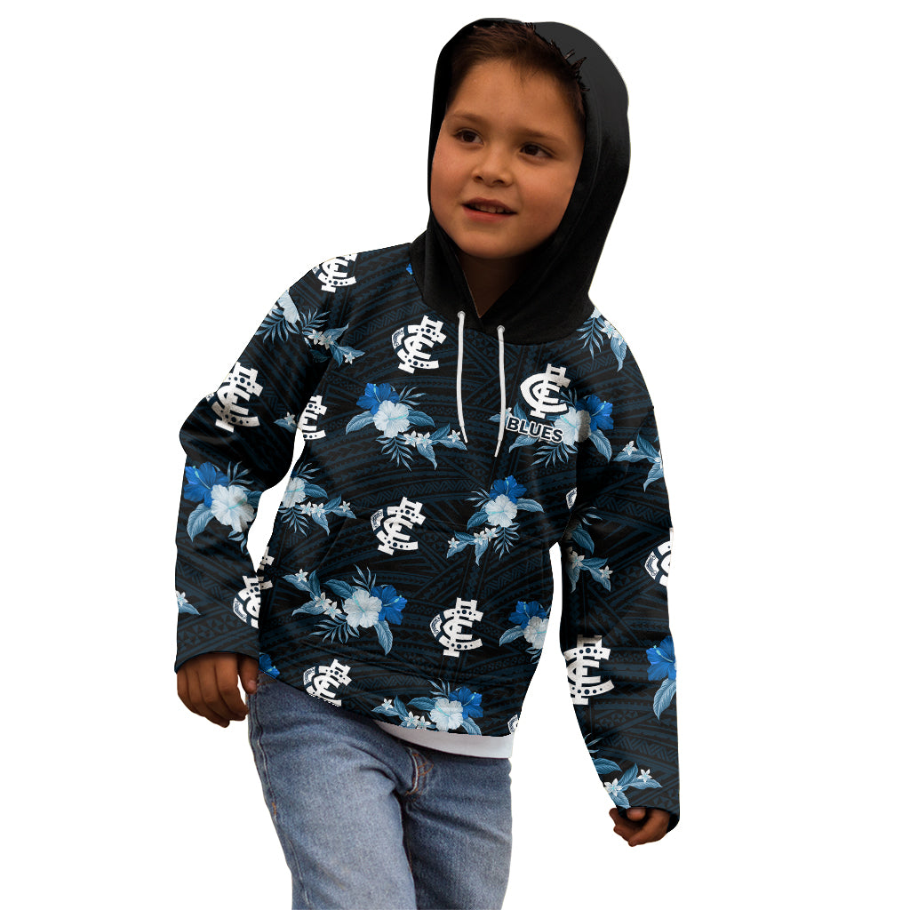 (Custom Text And Number) Carlton Football Kid Hoodie Blues Polynesian Tribal Mix Tropical Hawaiian Style - Vibe Hoodie Shop