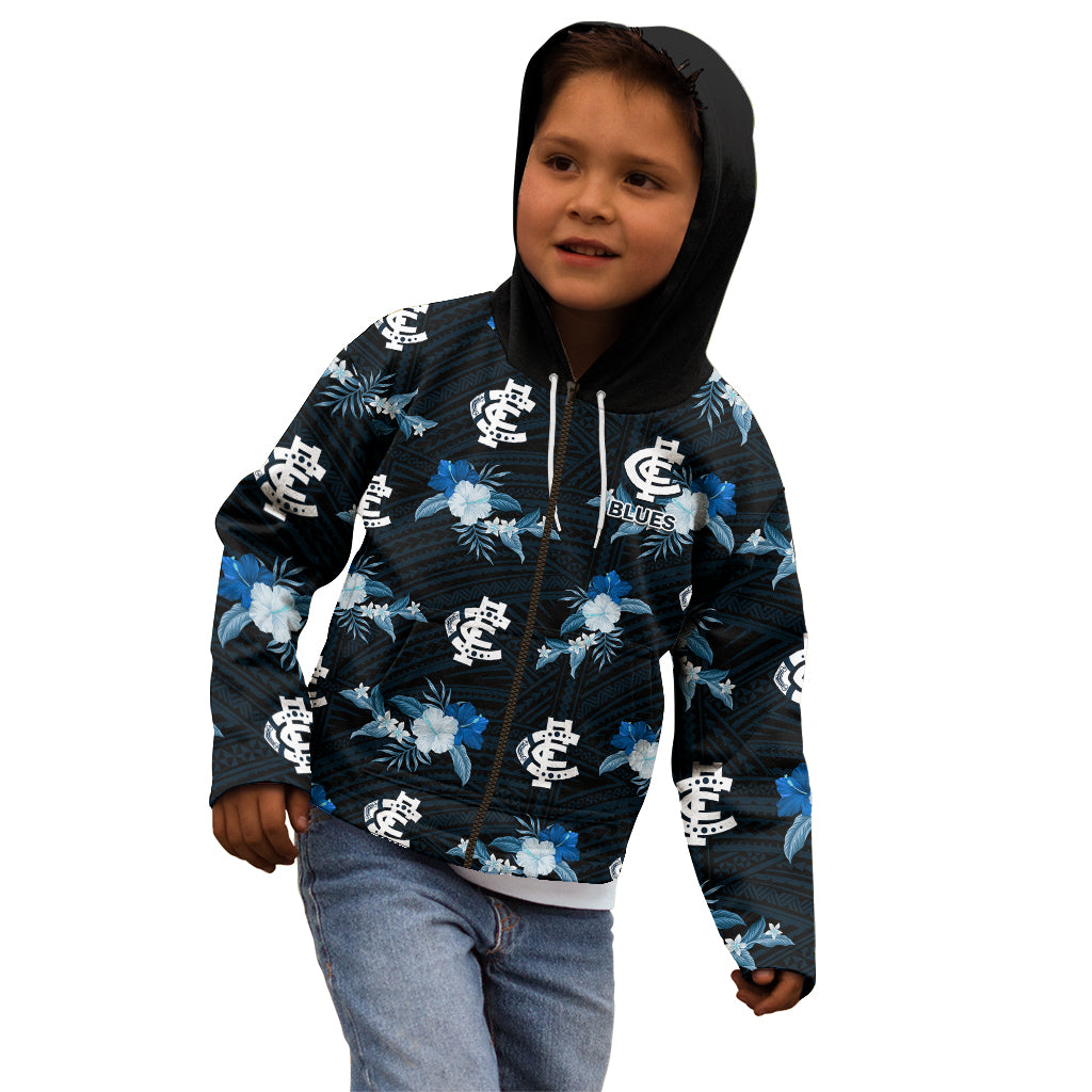 (Custom Text And Number) Carlton Football Kid Hoodie Blues Polynesian Tribal Mix Tropical Hawaiian Style - Vibe Hoodie Shop