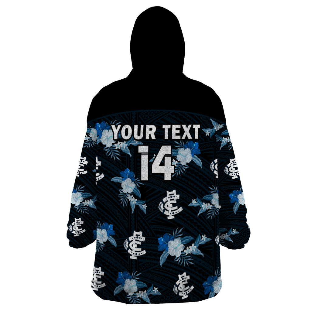 (Custom Text And Number) Carlton Football Wearable Blanket Hoodie Blues Polynesian Tribal Mix Tropical Hawaiian Style - Vibe Hoodie Shop