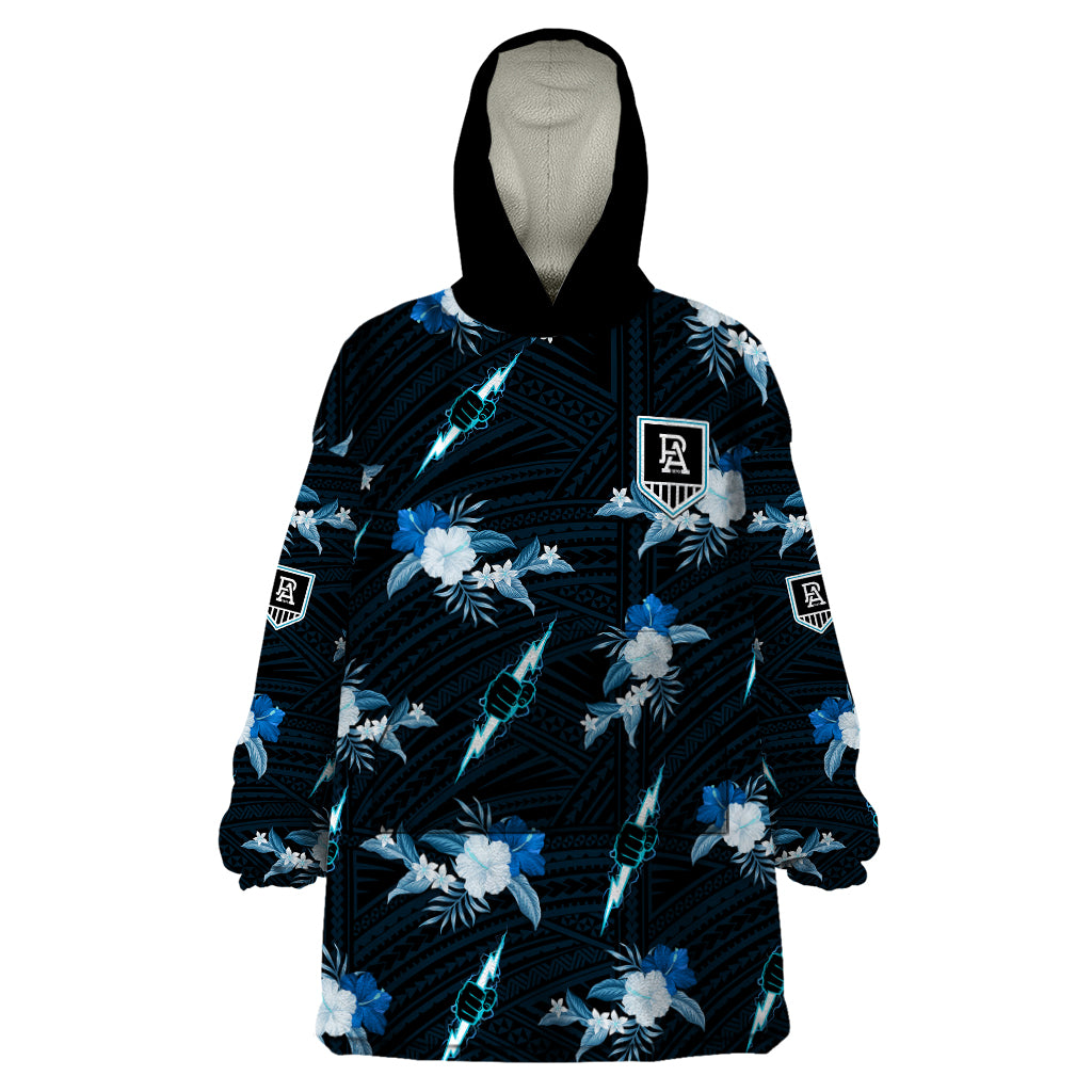 (Custom Text And Number) Port Adelaide Football Wearable Blanket Hoodie Power Polynesian Tribal Mix Tropical Hawaiian Style - Vibe Hoodie Shop