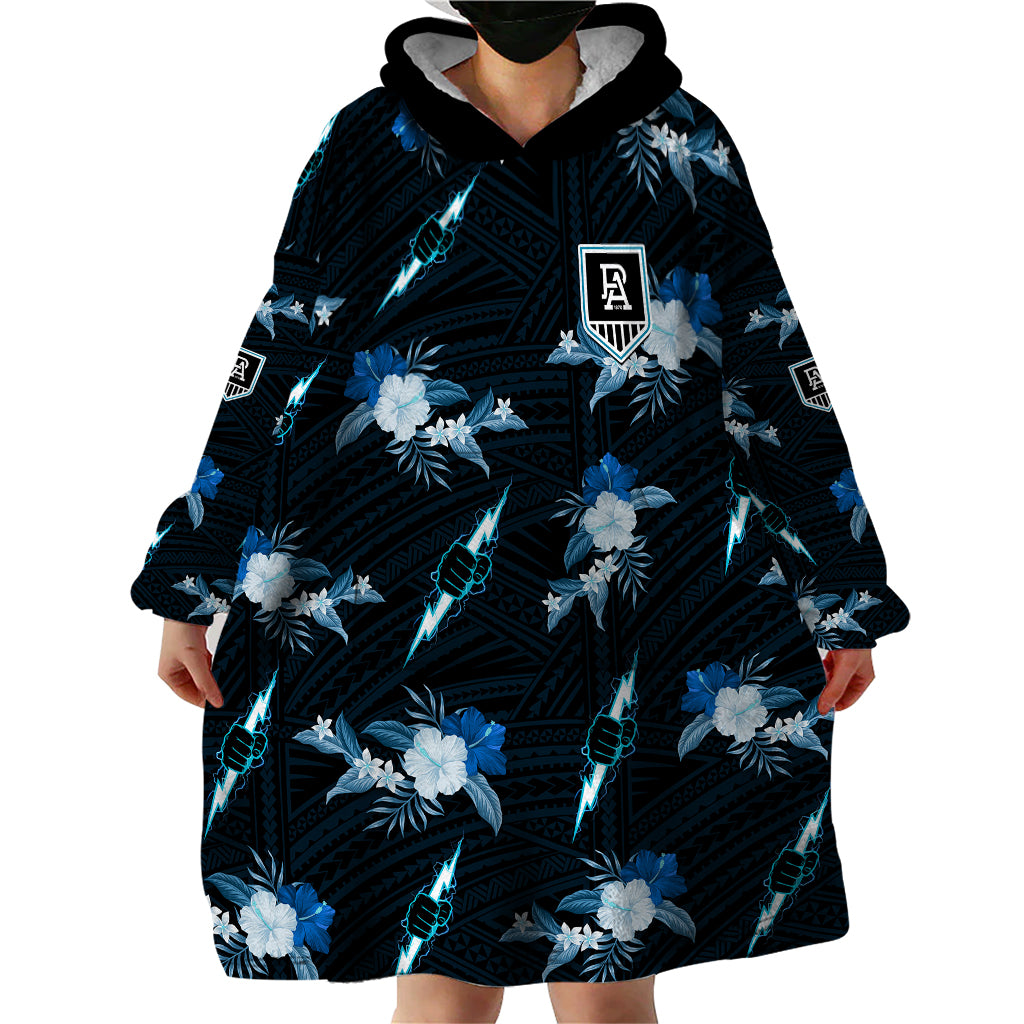 (Custom Text And Number) Port Adelaide Football Wearable Blanket Hoodie Power Polynesian Tribal Mix Tropical Hawaiian Style - Vibe Hoodie Shop