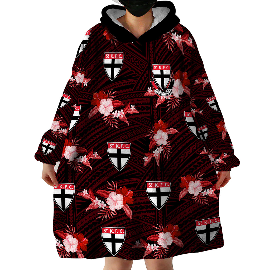 (Custom Text And Number) St Kilda Football Wearable Blanket Hoodie Saints Polynesian Tribal Mix Tropical Hawaiian Style - Vibe Hoodie Shop