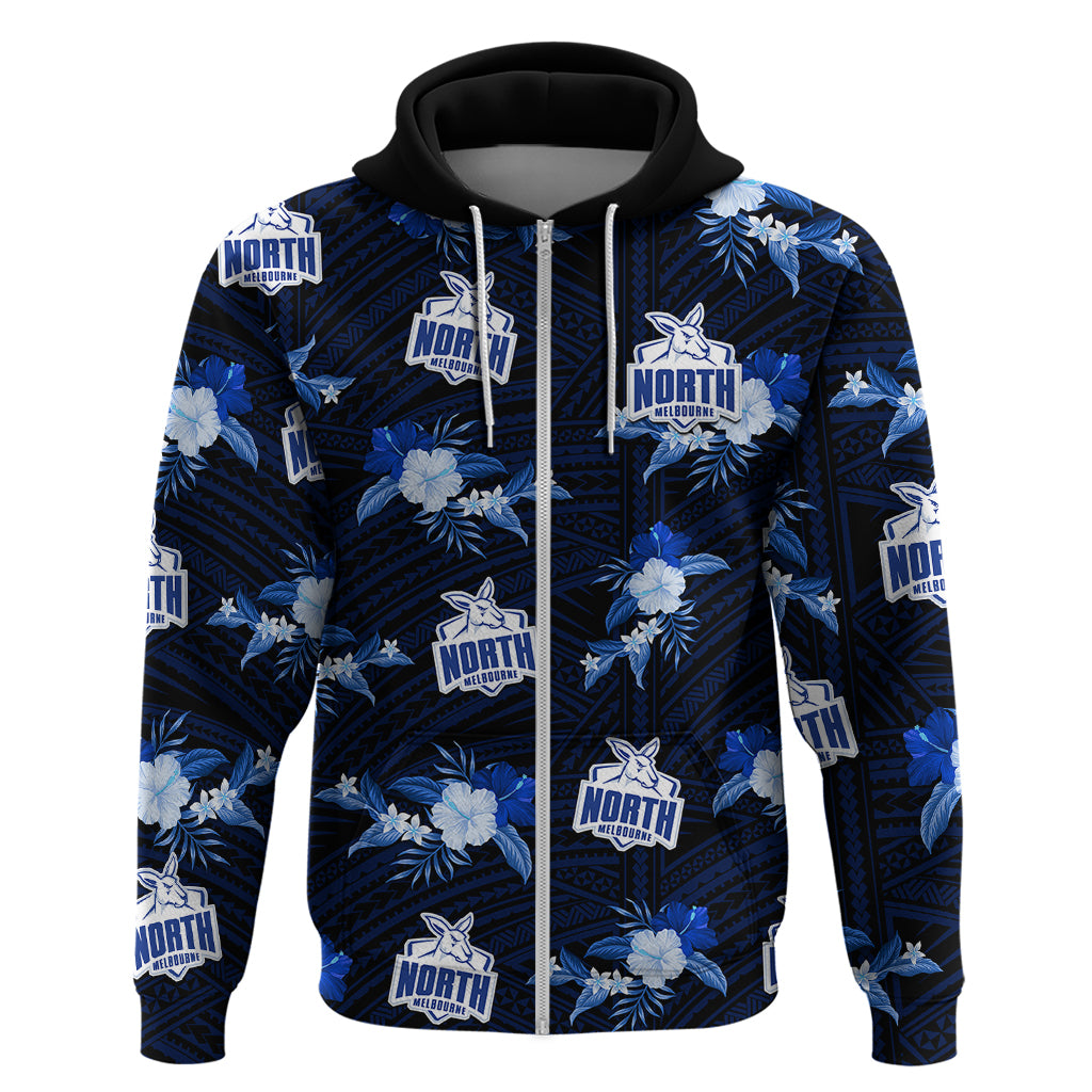 (Custom Text And Number) North Melbourne Football Hoodie Kangaroos Polynesian Tribal Mix Tropical Hawaiian Style - Vibe Hoodie Shop
