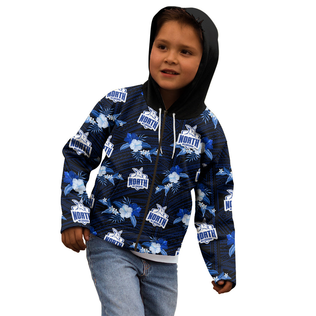 (Custom Text And Number) North Melbourne Football Kid Hoodie Kangaroos Polynesian Tribal Mix Tropical Hawaiian Style - Vibe Hoodie Shop