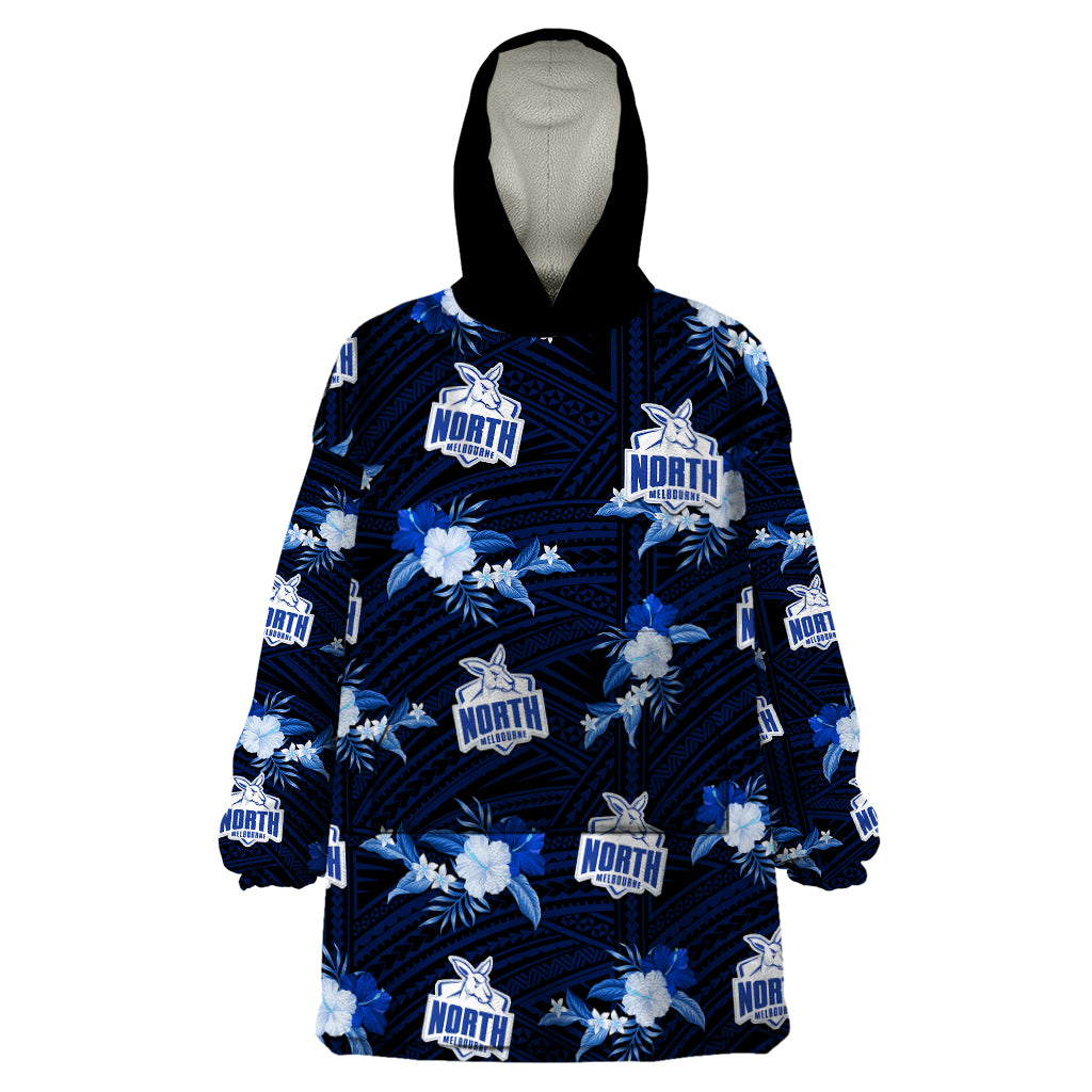 (Custom Text And Number) North Melbourne Football Wearable Blanket Hoodie Kangaroos Polynesian Tribal Mix Tropical Hawaiian Style - Vibe Hoodie Shop