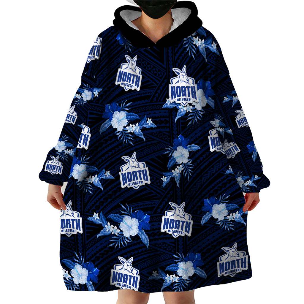 (Custom Text And Number) North Melbourne Football Wearable Blanket Hoodie Kangaroos Polynesian Tribal Mix Tropical Hawaiian Style - Vibe Hoodie Shop