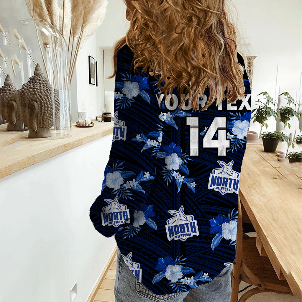 (Custom Text And Number) North Melbourne Football Women Casual Shirt Kangaroos Polynesian Tribal Mix Tropical Hawaiian Style - Vibe Hoodie Shop