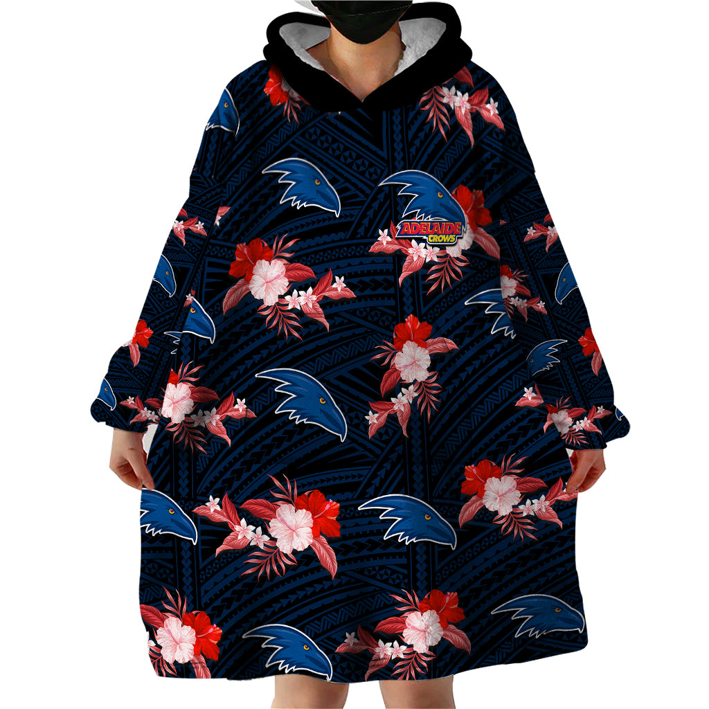 (Custom Text And Number) Adelaide Crows Football Wearable Blanket Hoodie Polynesian Tribal Mix Tropical Hawaiian Style - Vibe Hoodie Shop