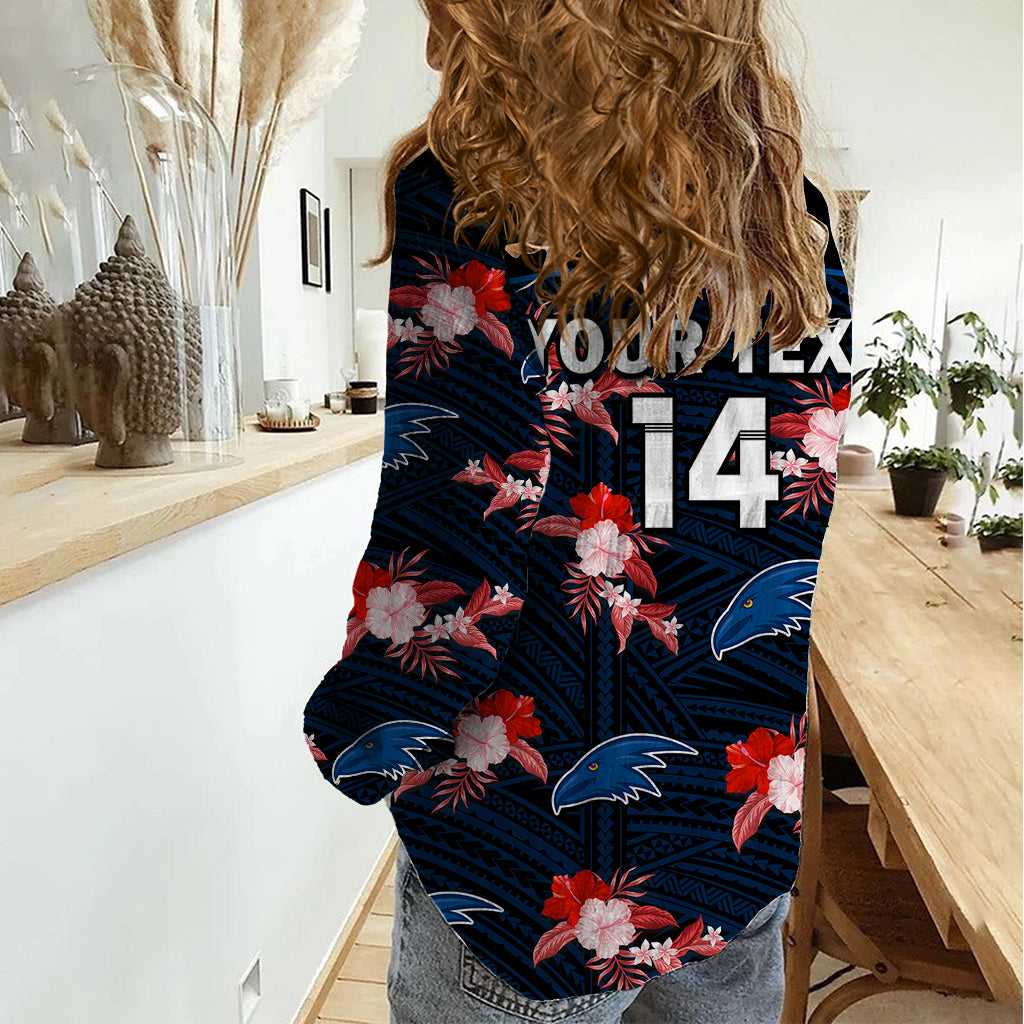 (Custom Text And Number) Adelaide Crows Football Women Casual Shirt Polynesian Tribal Mix Tropical Hawaiian Style - Vibe Hoodie Shop