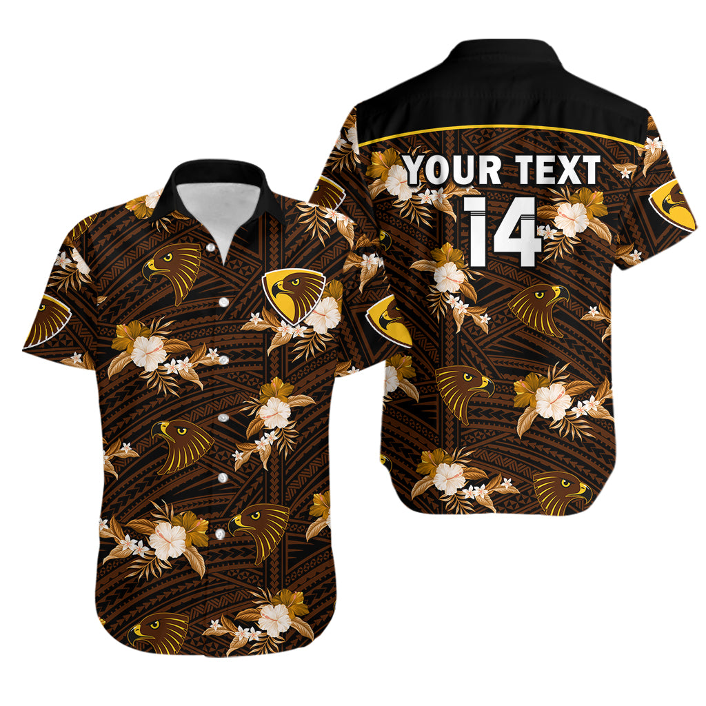 (Custom Text And Number) Hawthorn Football Hawaiian Shirt Hawks Polynesian Tribal Mix Tropical Hawaiian Style - Vibe Hoodie Shop