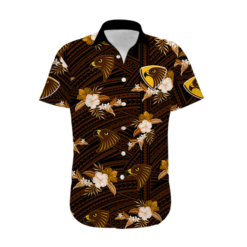 (Custom Text And Number) Hawthorn Football Hawaiian Shirt Hawks Polynesian Tribal Mix Tropical Hawaiian Style - Vibe Hoodie Shop