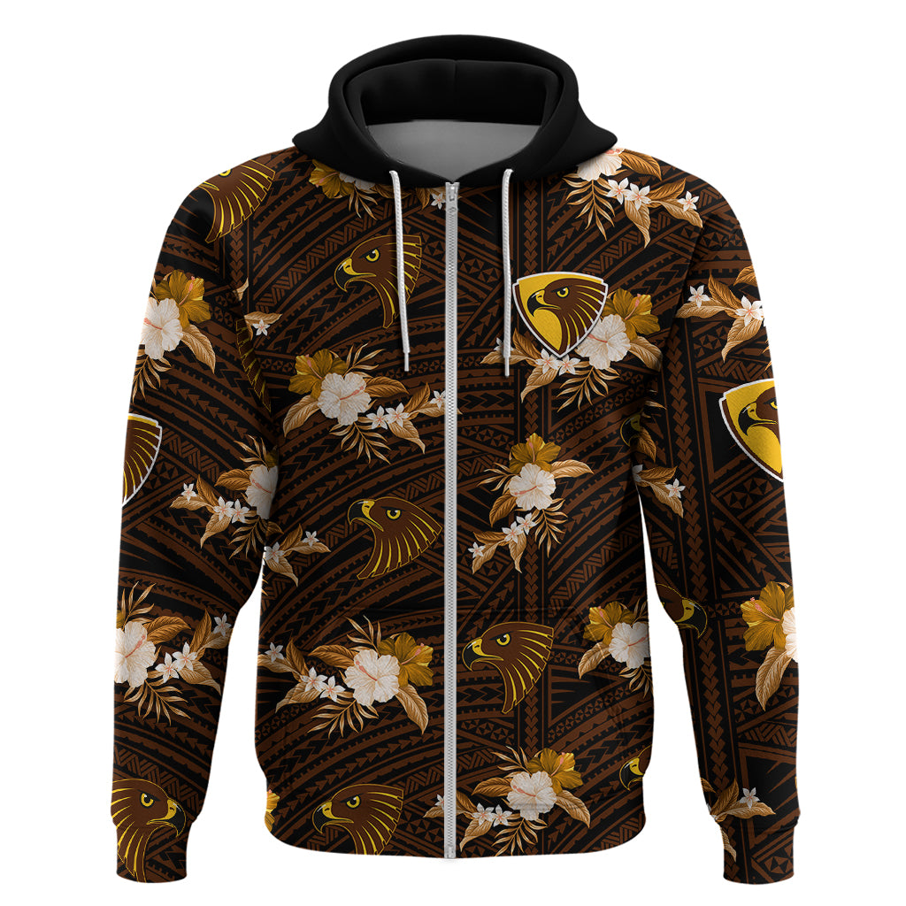(Custom Text And Number) Hawthorn Football Hoodie Hawks Polynesian Tribal Mix Tropical Hawaiian Style - Vibe Hoodie Shop
