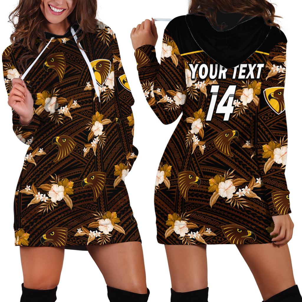 (Custom Text And Number) Hawthorn Football Hoodie Dress Hawks Polynesian Tribal Mix Tropical Hawaiian Style - Vibe Hoodie Shop