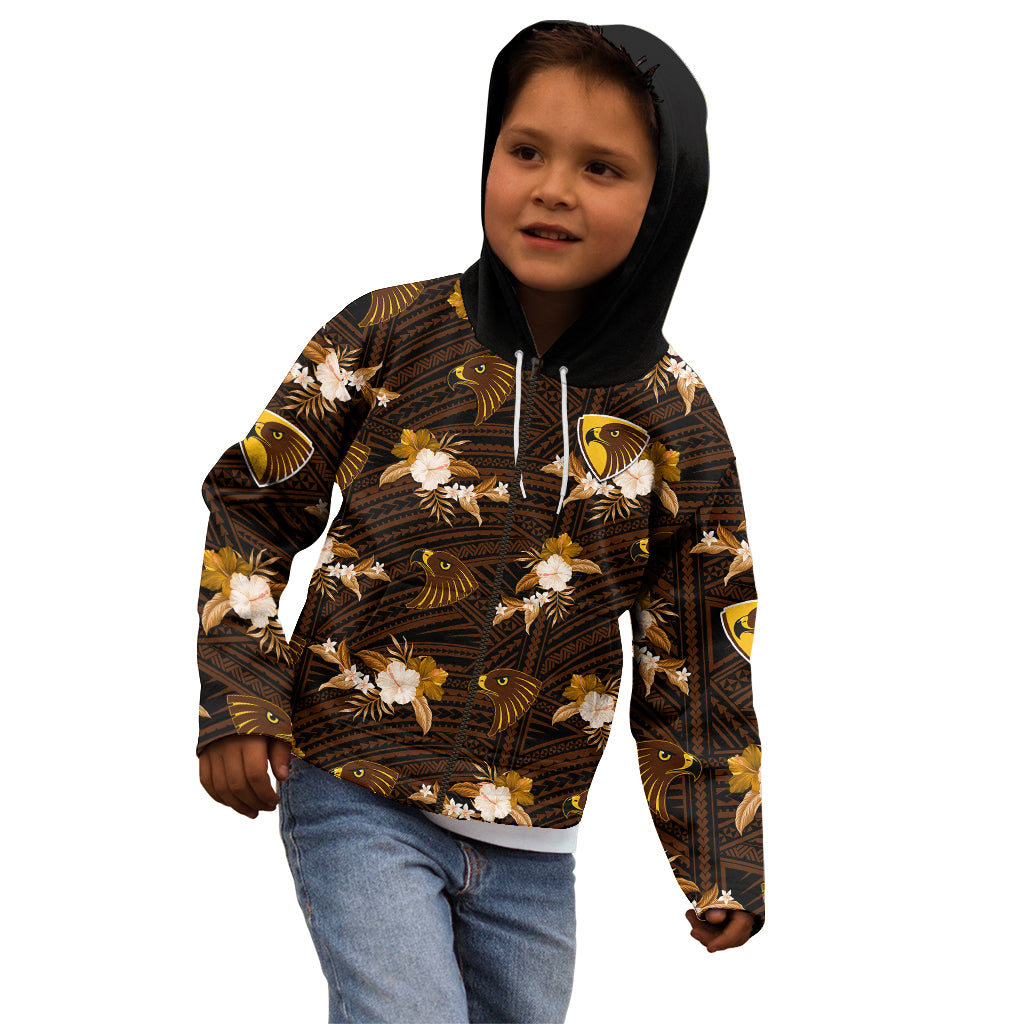 (Custom Text And Number) Hawthorn Football Kid Hoodie Hawks Polynesian Tribal Mix Tropical Hawaiian Style - Vibe Hoodie Shop