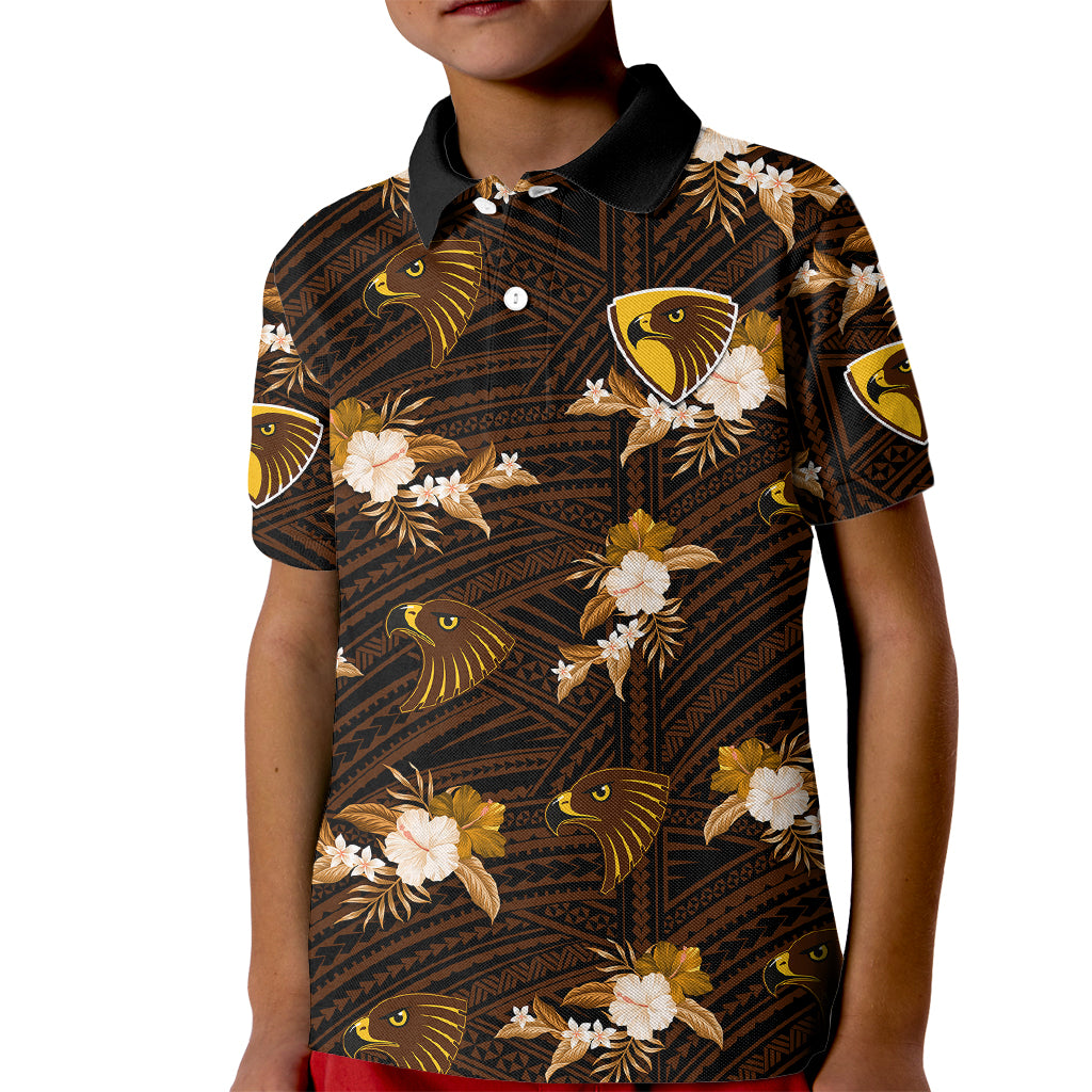 (Custom Text And Number) Hawthorn Football Kid Polo Shirt Hawks Polynesian Tribal Mix Tropical Hawaiian Style - Vibe Hoodie Shop