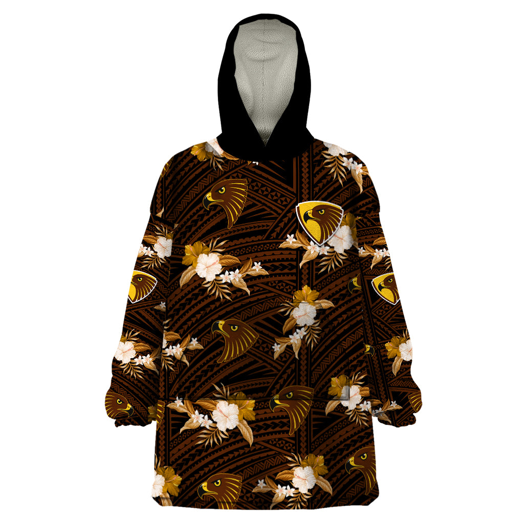 (Custom Text And Number) Hawthorn Football Wearable Blanket Hoodie Hawks Polynesian Tribal Mix Tropical Hawaiian Style - Vibe Hoodie Shop