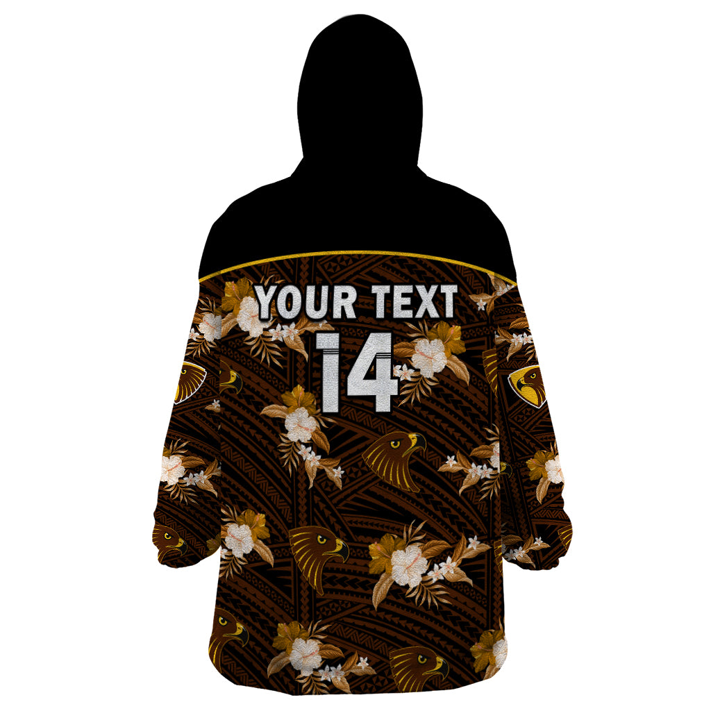 (Custom Text And Number) Hawthorn Football Wearable Blanket Hoodie Hawks Polynesian Tribal Mix Tropical Hawaiian Style - Vibe Hoodie Shop