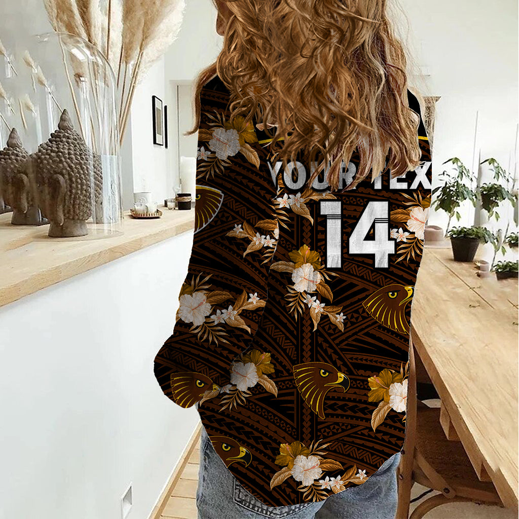 (Custom Text And Number) Hawthorn Football Women Casual Shirt Hawks Polynesian Tribal Mix Tropical Hawaiian Style - Vibe Hoodie Shop