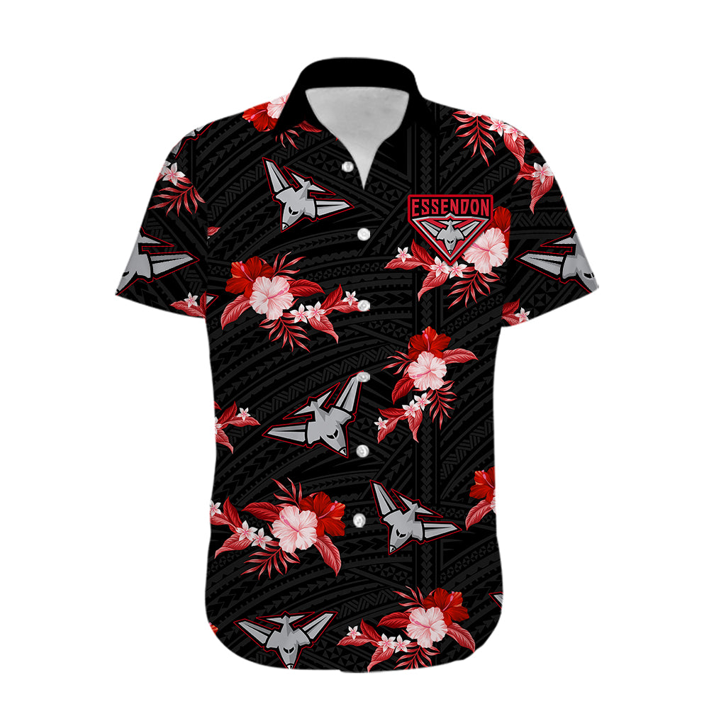 (Custom Text And Number) Essendon Football Hawaiian Shirt Bombers Polynesian Tribal Mix Tropical Hawaiian Style - Vibe Hoodie Shop