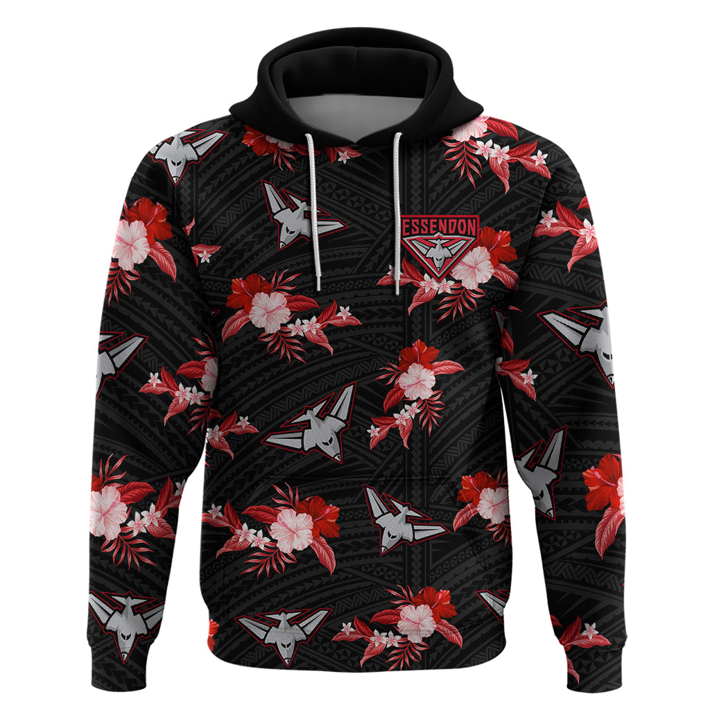 (Custom Text And Number) Essendon Football Hoodie Bombers Polynesian Tribal Mix Tropical Hawaiian Style - Vibe Hoodie Shop