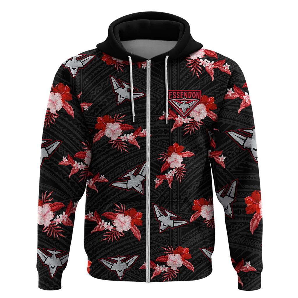 (Custom Text And Number) Essendon Football Hoodie Bombers Polynesian Tribal Mix Tropical Hawaiian Style - Vibe Hoodie Shop