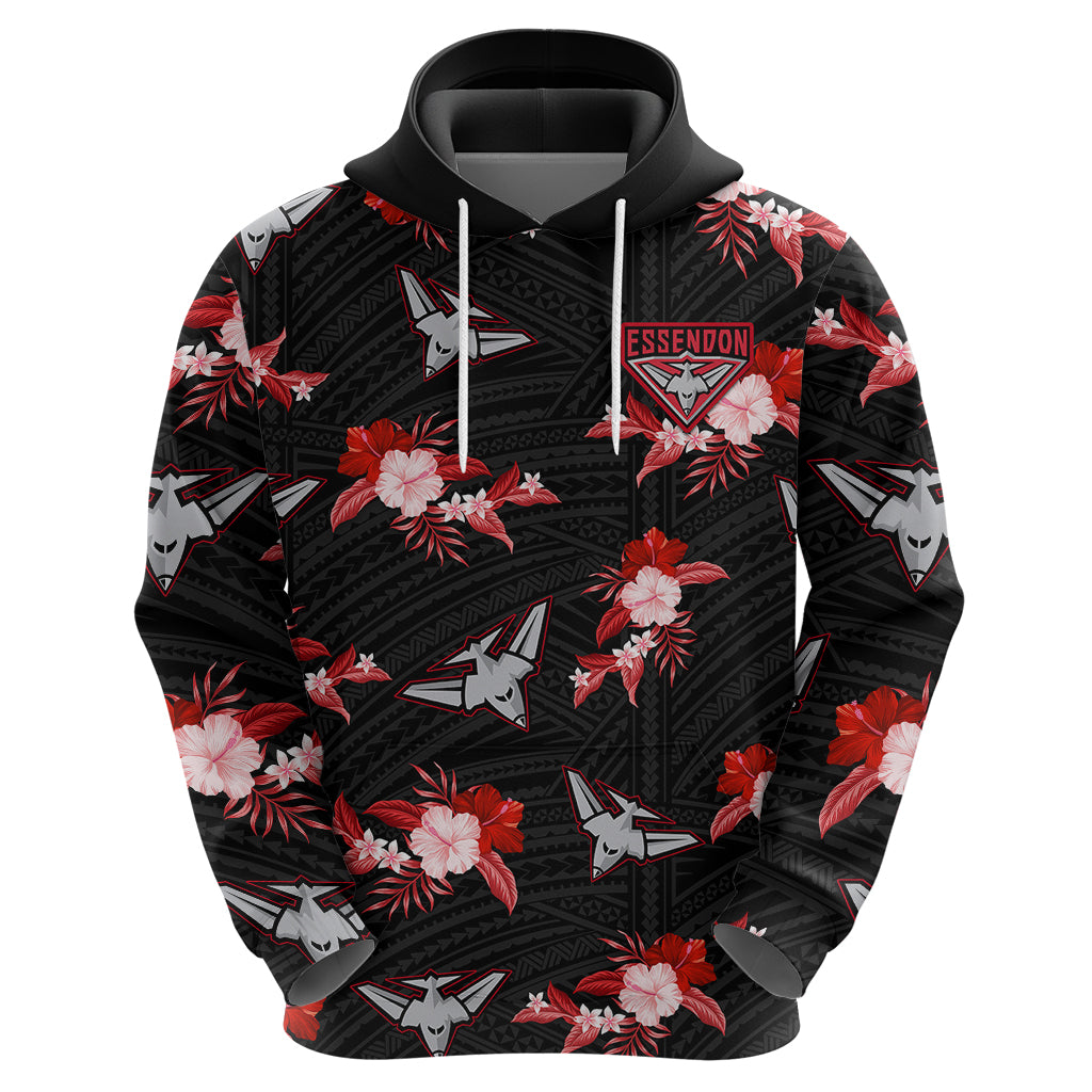 (Custom Text And Number) Essendon Football Hoodie Bombers Polynesian Tribal Mix Tropical Hawaiian Style - Vibe Hoodie Shop