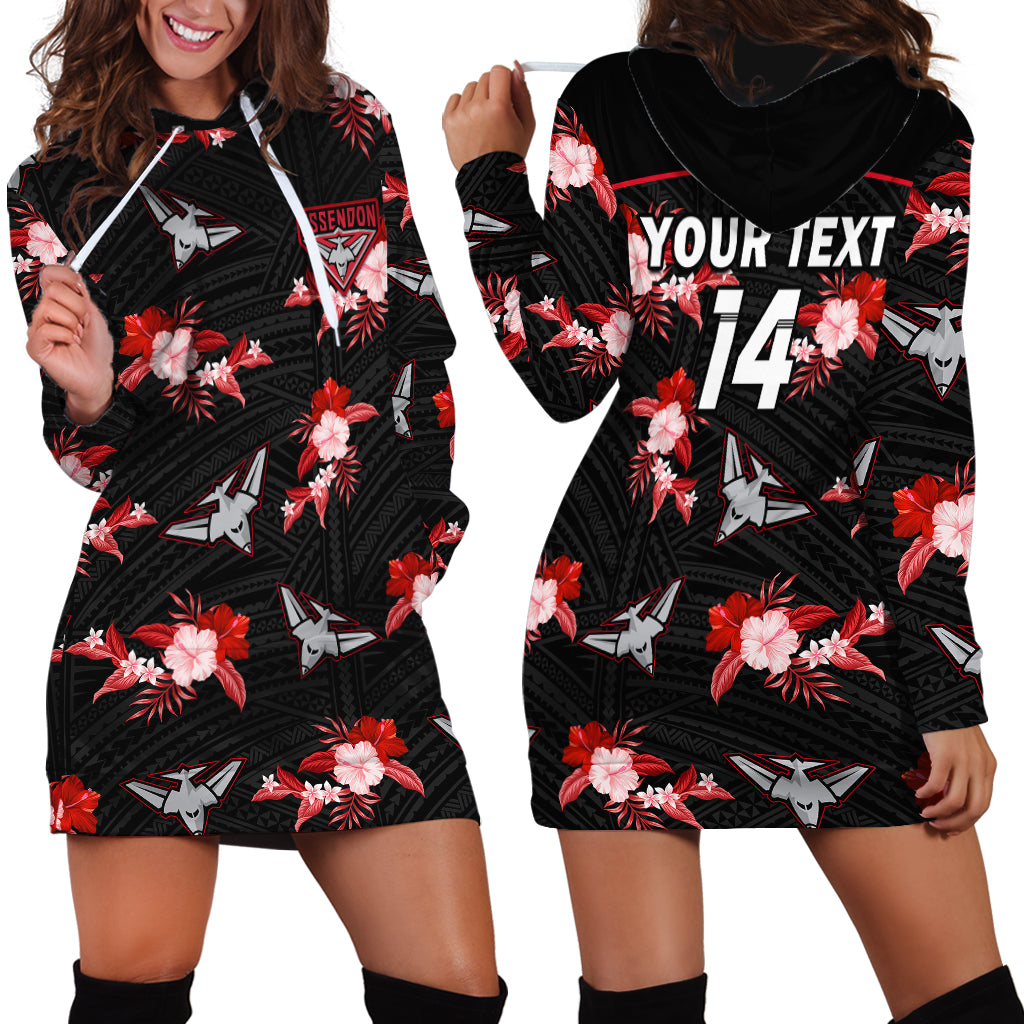 (Custom Text And Number) Essendon Football Hoodie Dress Bombers Polynesian Tribal Mix Tropical Hawaiian Style - Vibe Hoodie Shop