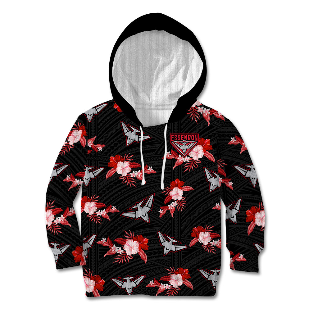 (Custom Text And Number) Essendon Football Kid Hoodie Bombers Polynesian Tribal Mix Tropical Hawaiian Style - Vibe Hoodie Shop