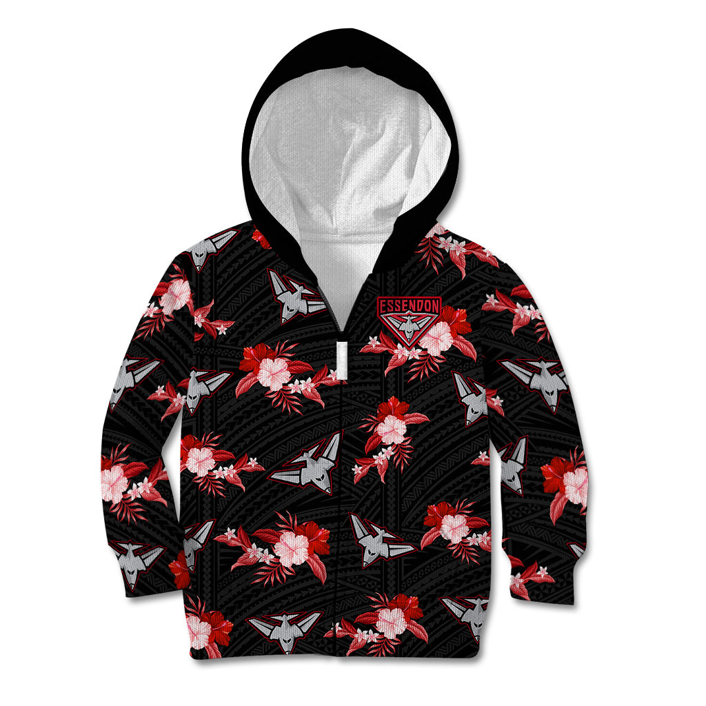 (Custom Text And Number) Essendon Football Kid Hoodie Bombers Polynesian Tribal Mix Tropical Hawaiian Style - Vibe Hoodie Shop