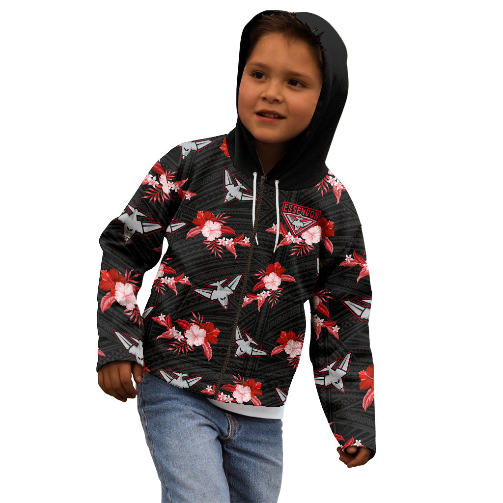 (Custom Text And Number) Essendon Football Kid Hoodie Bombers Polynesian Tribal Mix Tropical Hawaiian Style - Vibe Hoodie Shop