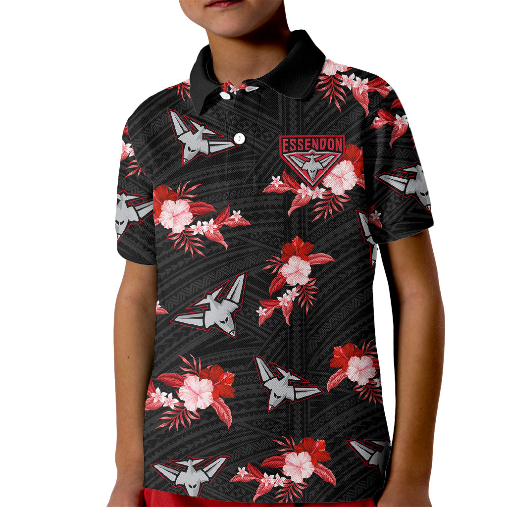 (Custom Text And Number) Essendon Football Kid Polo Shirt Bombers Polynesian Tribal Mix Tropical Hawaiian Style - Vibe Hoodie Shop