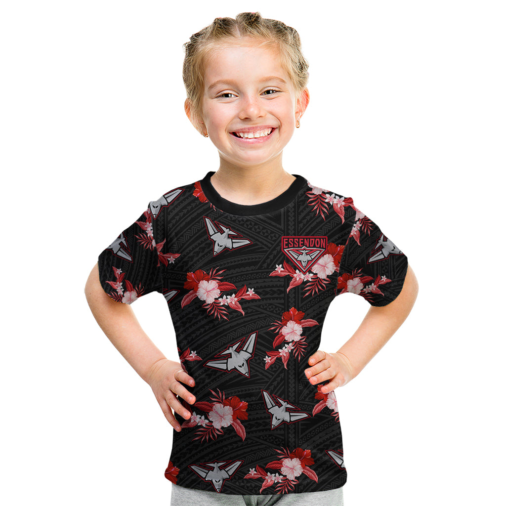 (Custom Text And Number) Essendon Football Kid T Shirt Bombers Polynesian Tribal Mix Tropical Hawaiian Style - Vibe Hoodie Shop