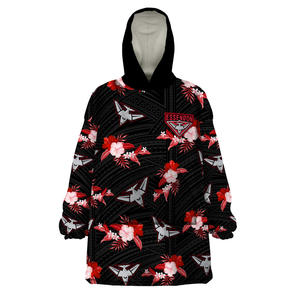 (Custom Text And Number) Essendon Football Wearable Blanket Hoodie Bombers Polynesian Tribal Mix Tropical Hawaiian Style - Vibe Hoodie Shop