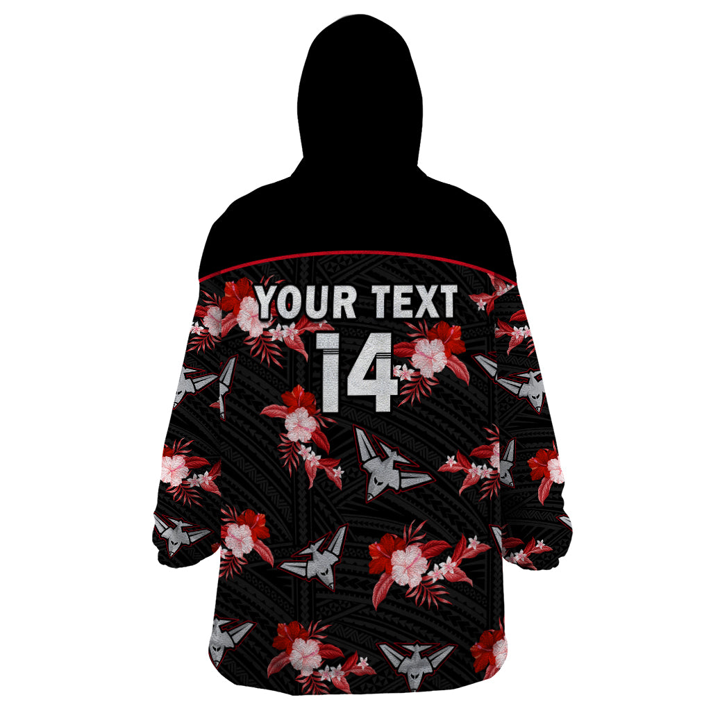 (Custom Text And Number) Essendon Football Wearable Blanket Hoodie Bombers Polynesian Tribal Mix Tropical Hawaiian Style - Vibe Hoodie Shop